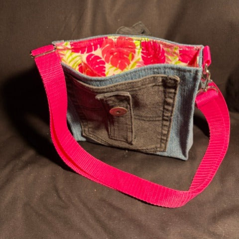 Denim Small Box Purse - Monstera Leaves