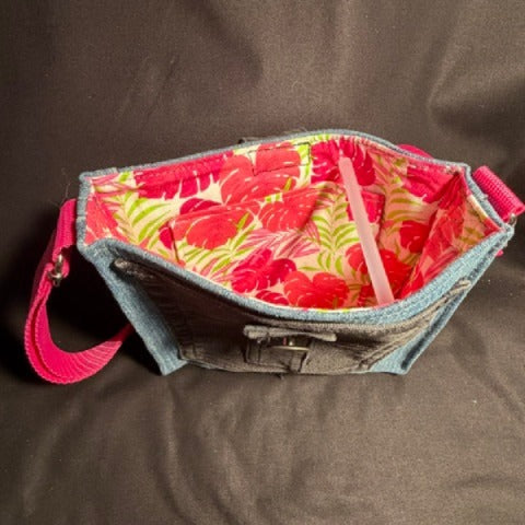 Denim Small Box Purse - Monstera Leaves